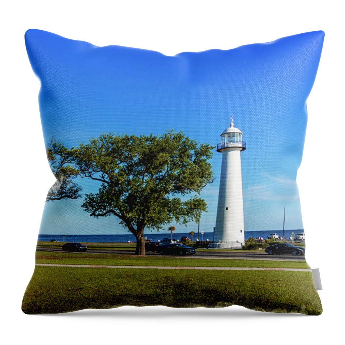 Seascape Throw Pillow featuring the photograph Gulf Coast Lighthouse Seascape Biloxi MS 3663A by Ricardos Creations