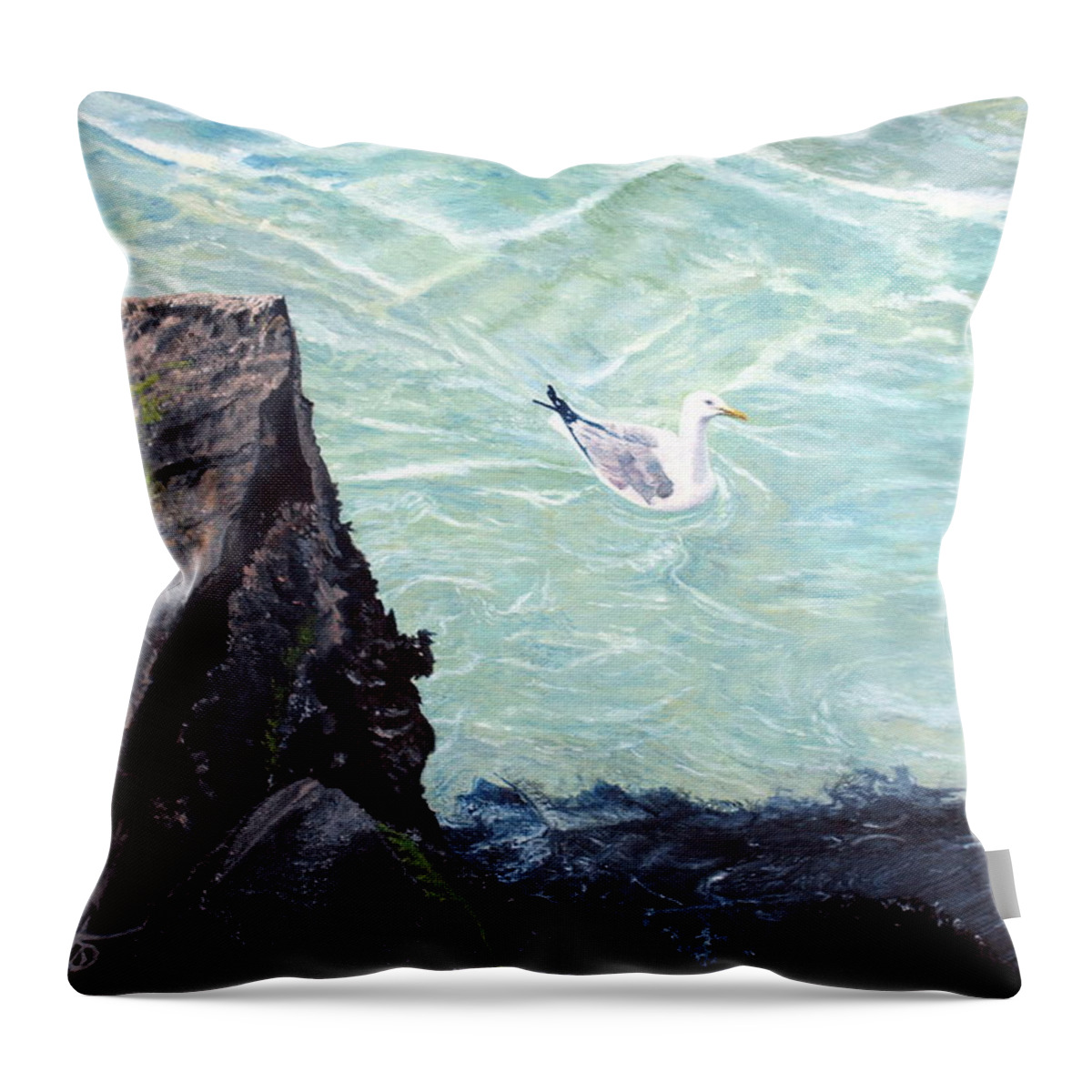 Seagull Throw Pillow featuring the painting Gull in shallows of Barnegat Inlet by Barbara Barber