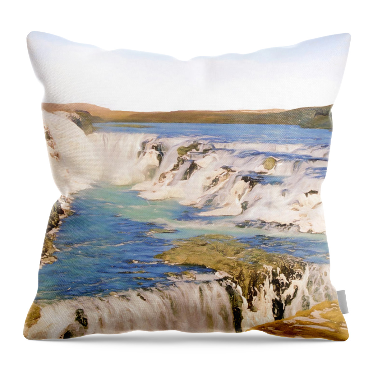 Europe Throw Pillow featuring the digital art Gullfoss Waterfalls Pastel 2 by Roy Pedersen