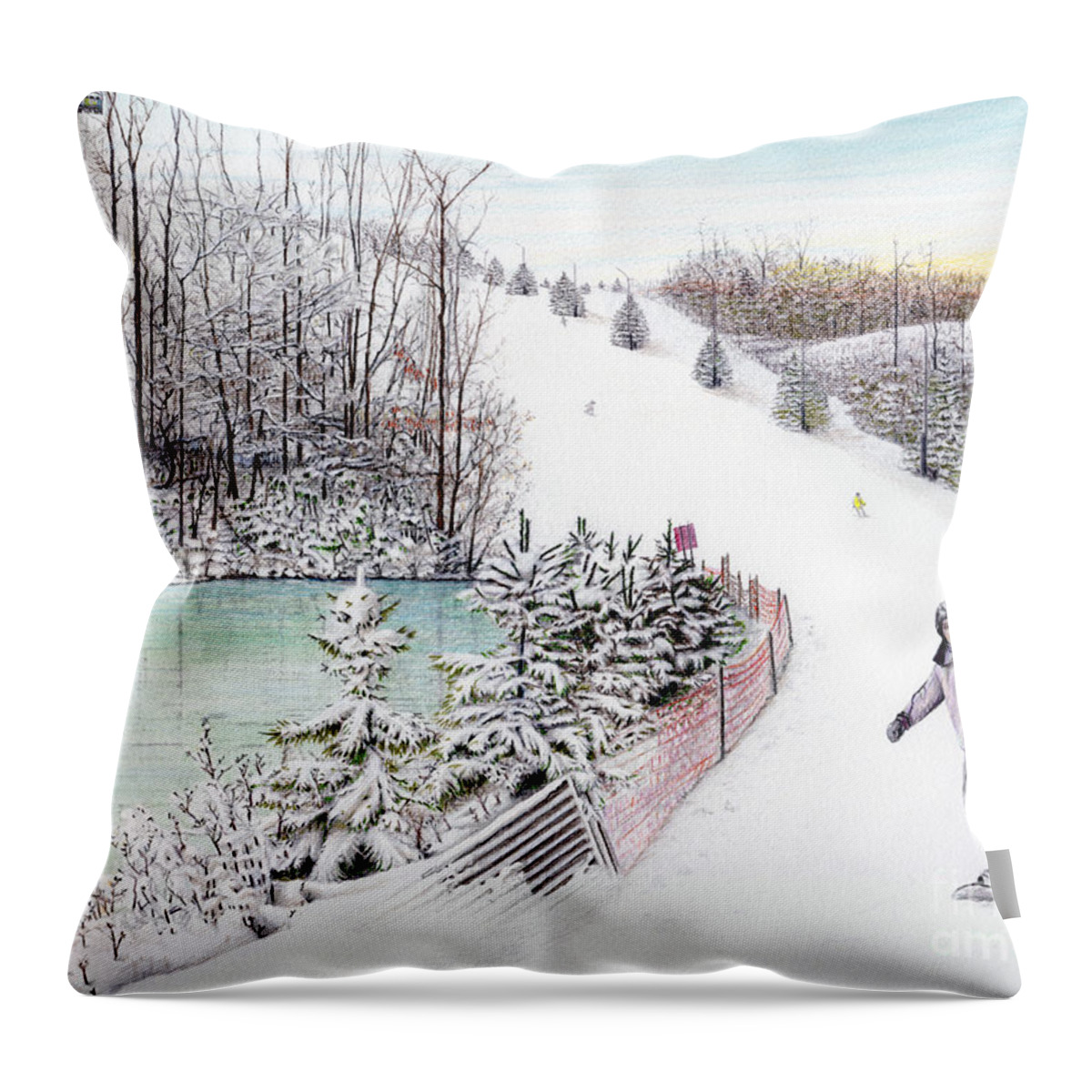 Gunnar Throw Pillow featuring the painting Gunnar Slope and The Ducky Pond by Albert Puskaric