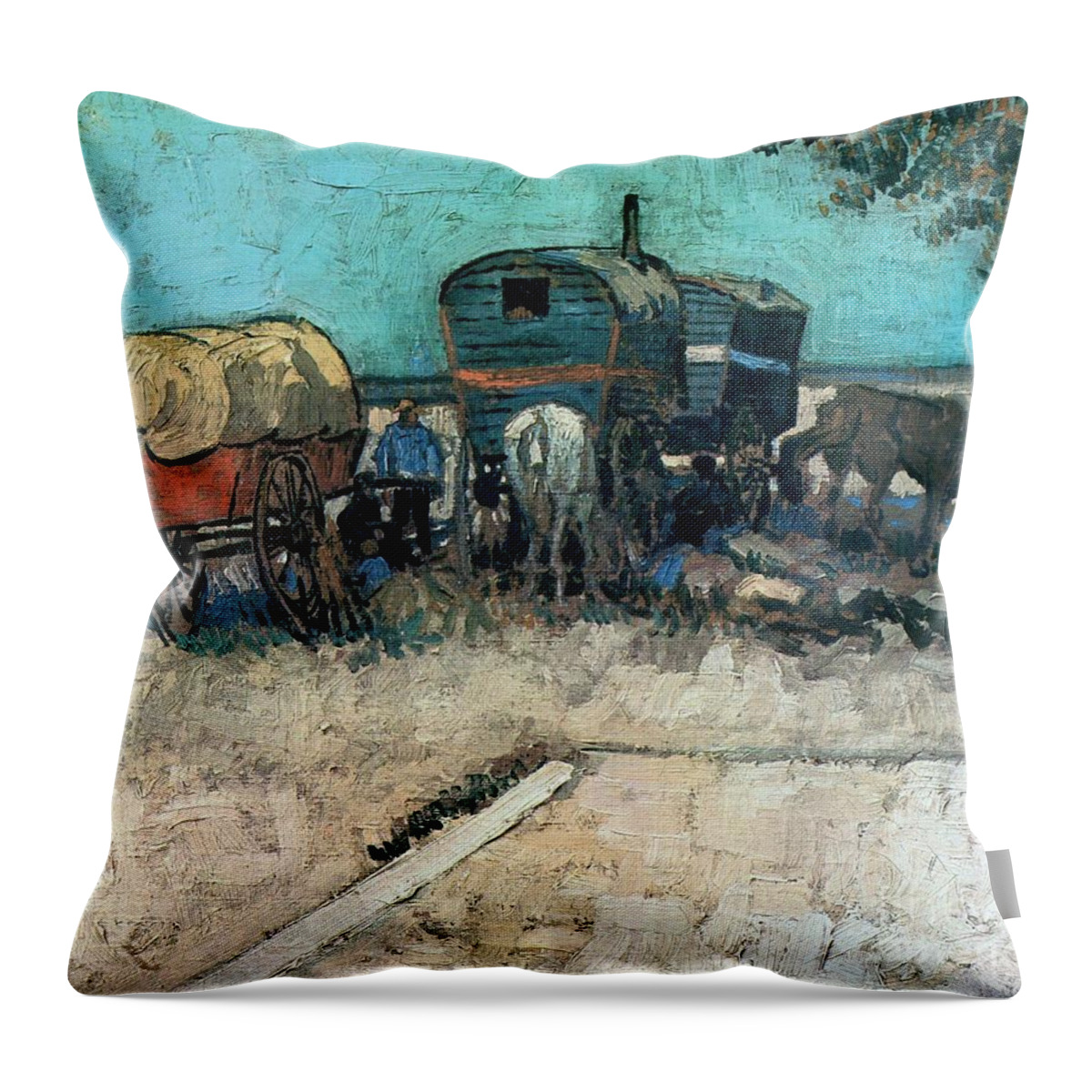 Gypsy Camp With Horse Carriage Throw Pillow featuring the painting Gypsy Camp With Horse Carriage by Celestial Images
