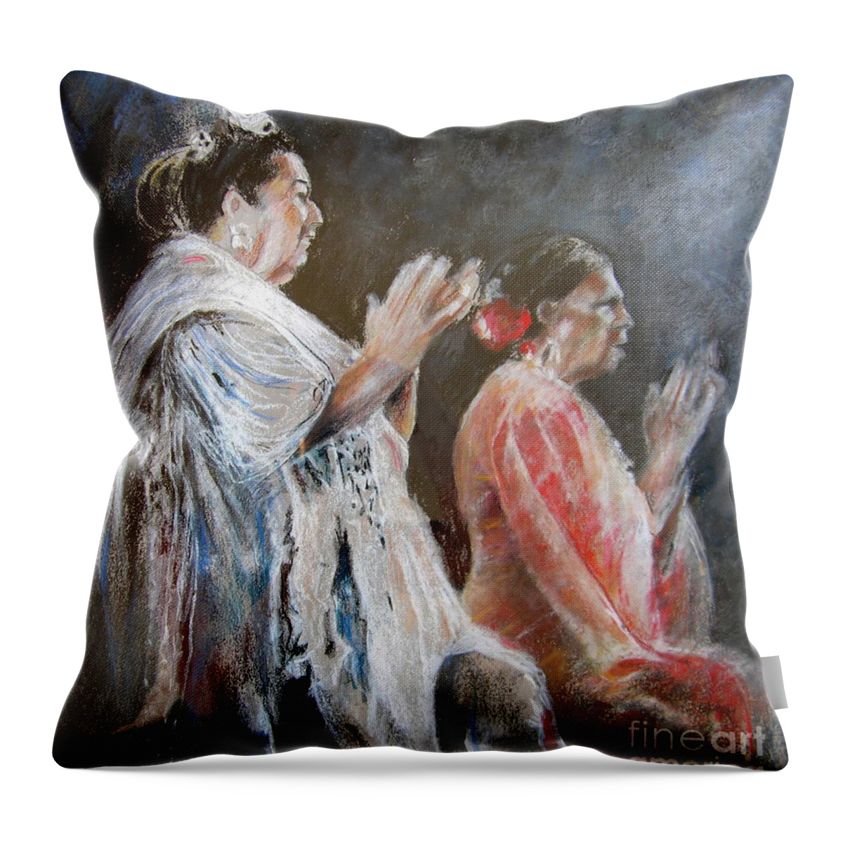 Flamenco Throw Pillow featuring the painting Gypsy Women performing Flamenco by Miki De Goodaboom
