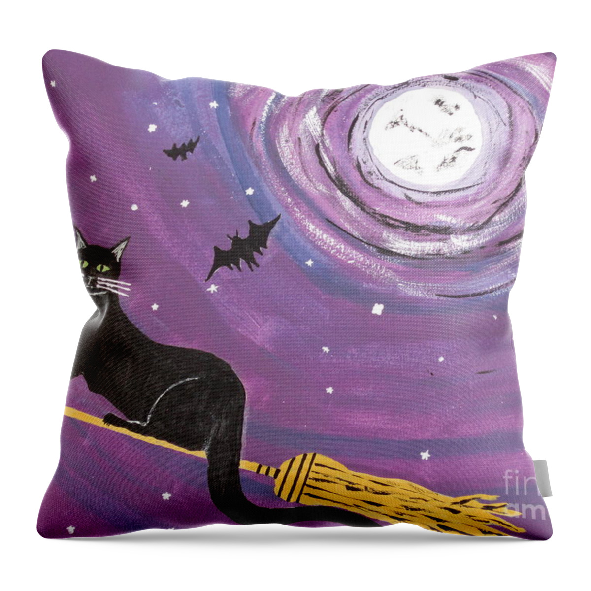  Halloween Throw Pillow featuring the painting Halloween Flying Black Cat Painting by Jeffrey Koss