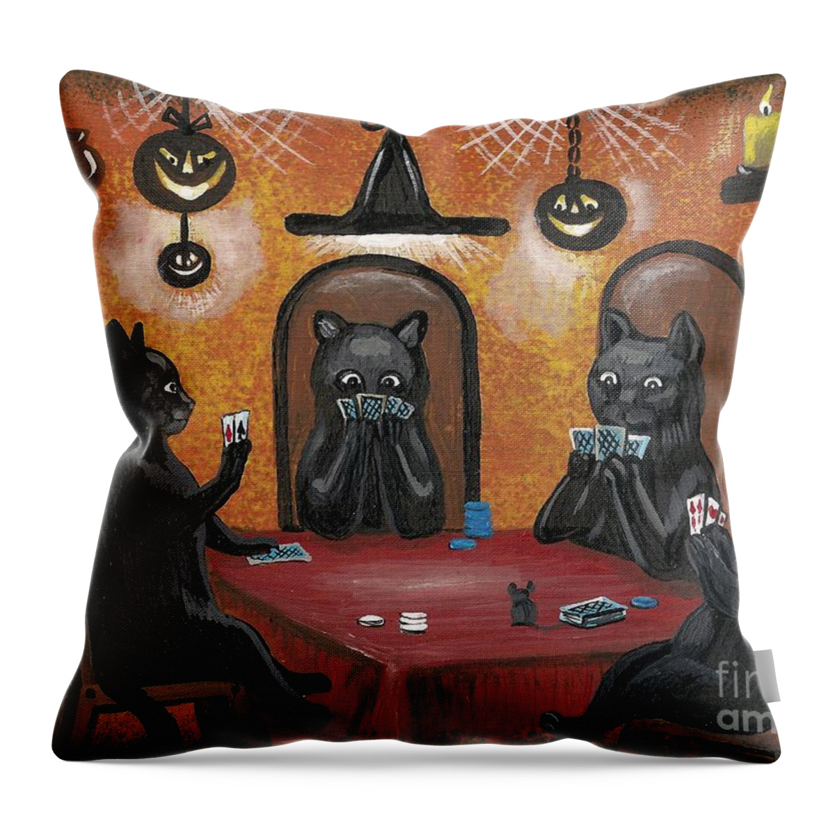 Print Throw Pillow featuring the painting Halloween Hold Em by Margaryta Yermolayeva