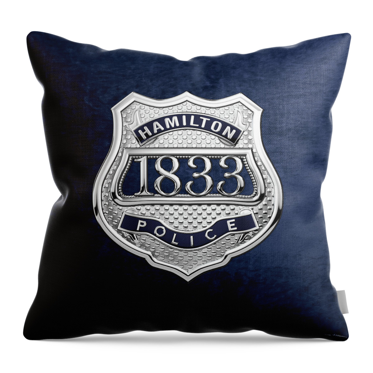 'law Enforcement Insignia & Heraldry' Collection By Serge Averbukh Throw Pillow featuring the digital art Hamilton Police Service - H P S Commemorative Officer Badge over Blue Velvet by Serge Averbukh