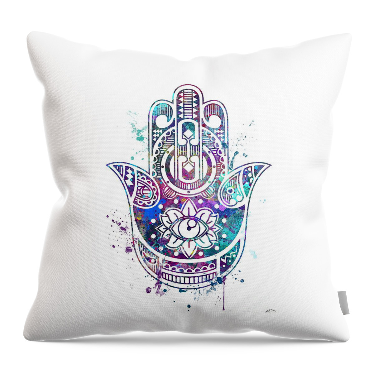 Hamsa Hand Print Throw Pillow featuring the digital art Hamsa Hand Artwork Colorful Watercolor Gift by White Lotus