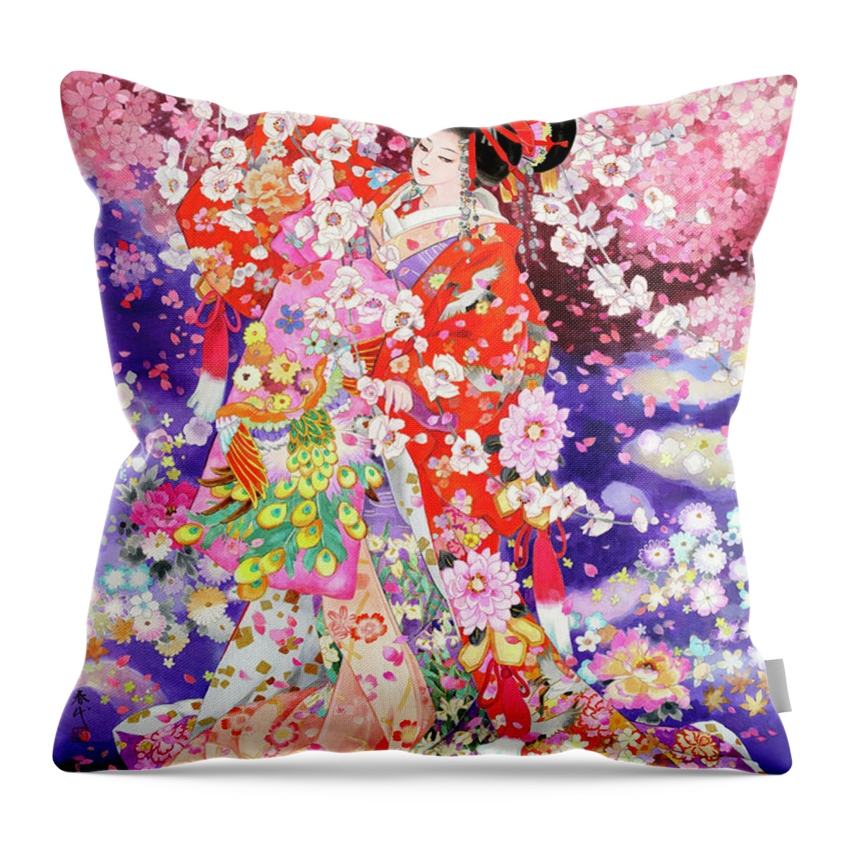 Haruyo Morita Throw Pillow featuring the painting Hanafubuki by MGL Meiklejohn Graphics Licensing