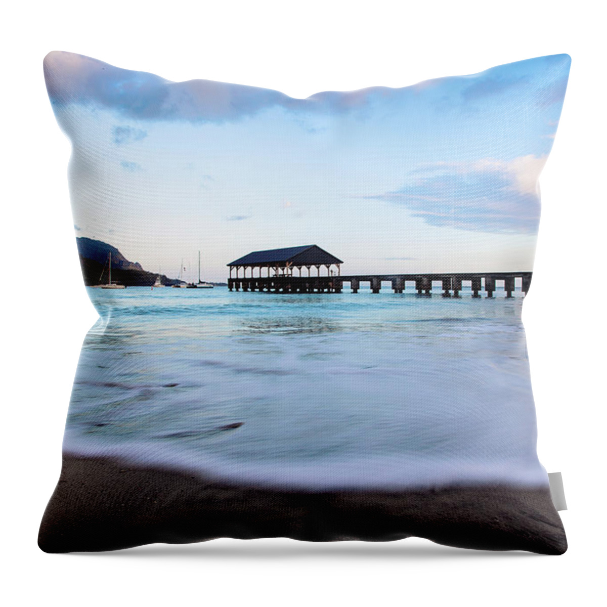 Hanalei Bay Pier Throw Pillow featuring the photograph Hanalei Bay Pier at Sunrise by Melanie Alexandra Price