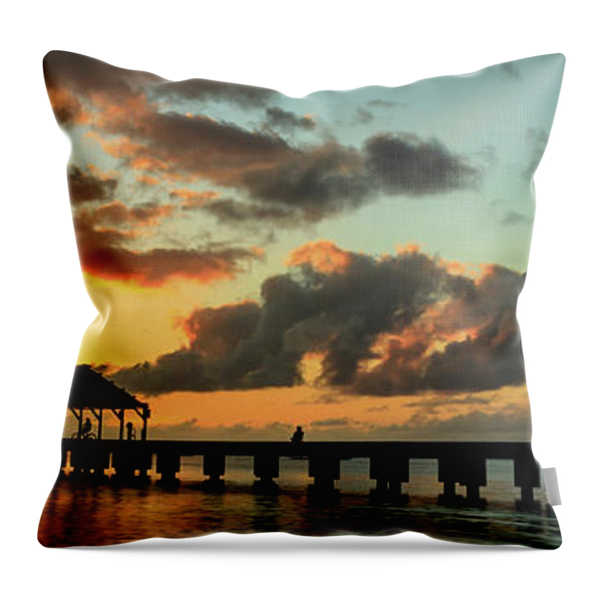 Hanalei Pier Throw Pillow featuring the photograph Hanalei Pier Sunset Panorama by James Eddy