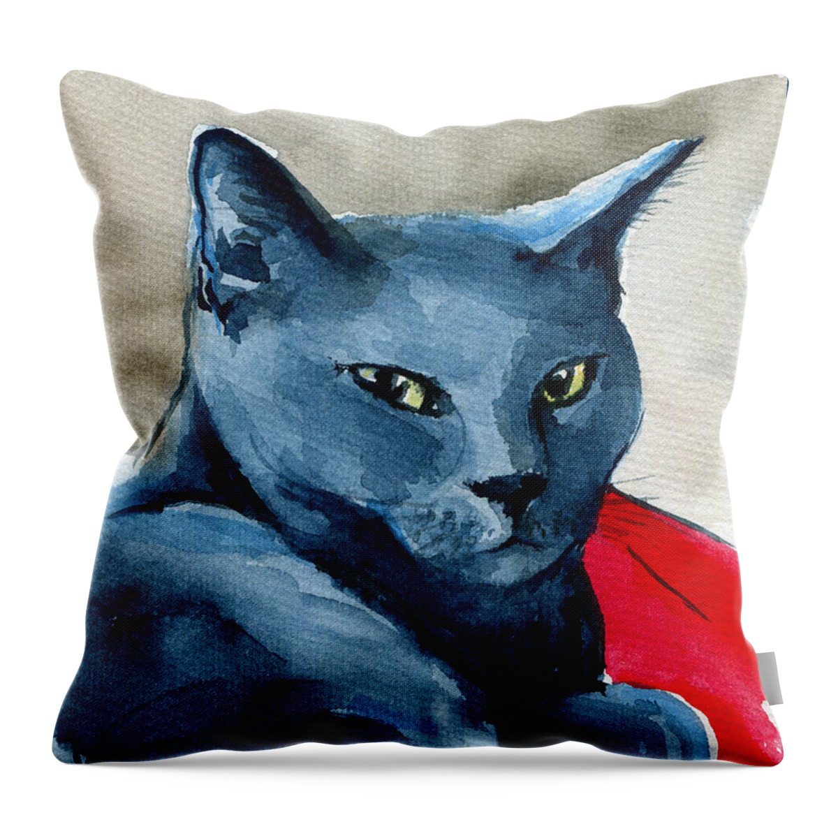 Cat Throw Pillow featuring the painting Handsome Russian Blue Cat by Dora Hathazi Mendes