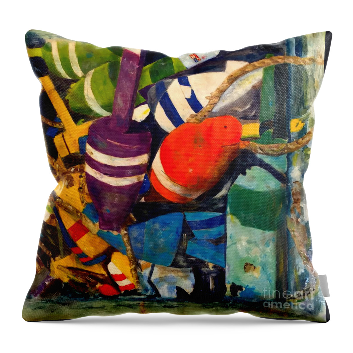 Marina Throw Pillow featuring the painting Hangin With The Buoys by Beth Saffer