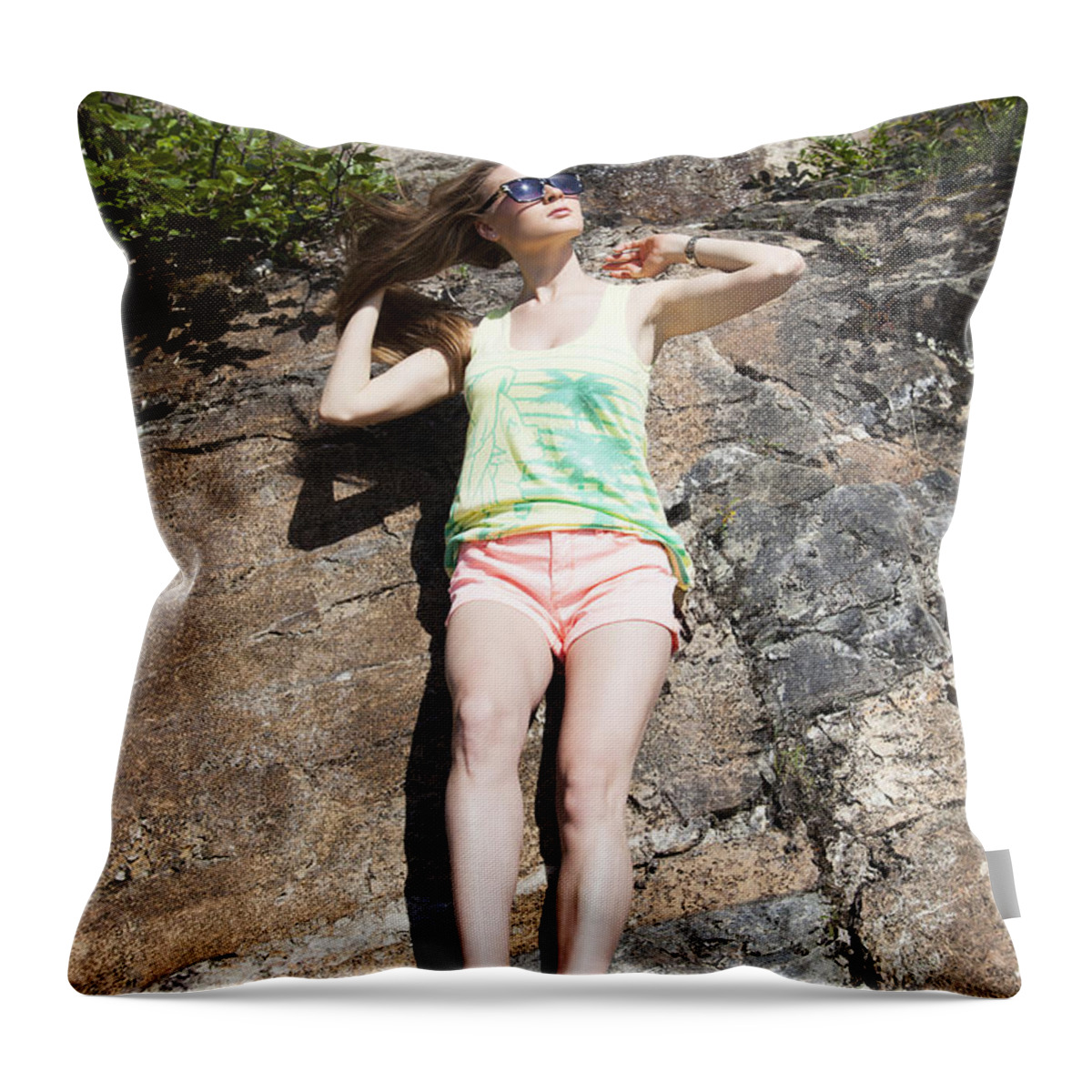 Girl Throw Pillow featuring the photograph Hanging On The Rock by Ramunas Bruzas