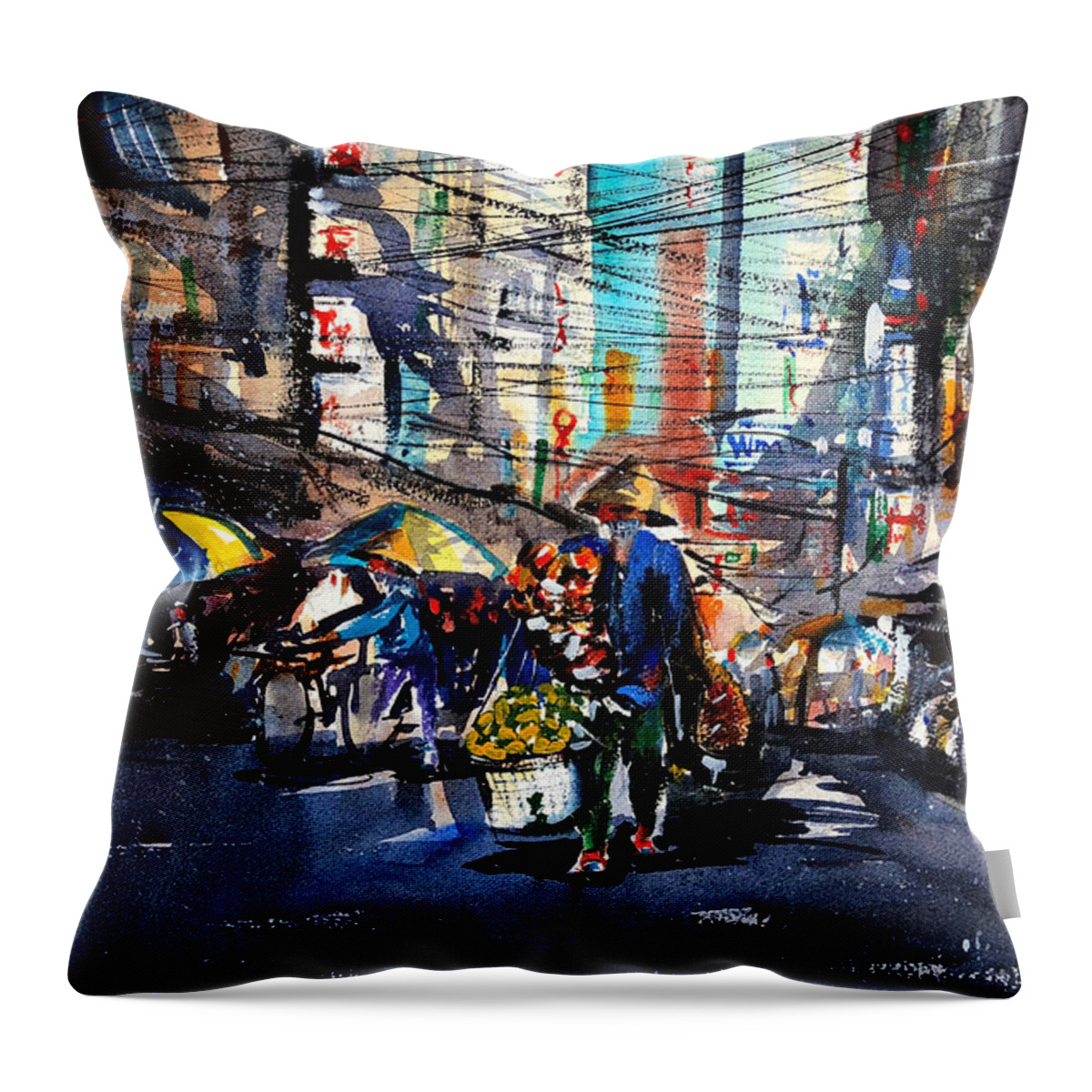People Throw Pillow featuring the painting Hanoi Street Vendor by James Nyika