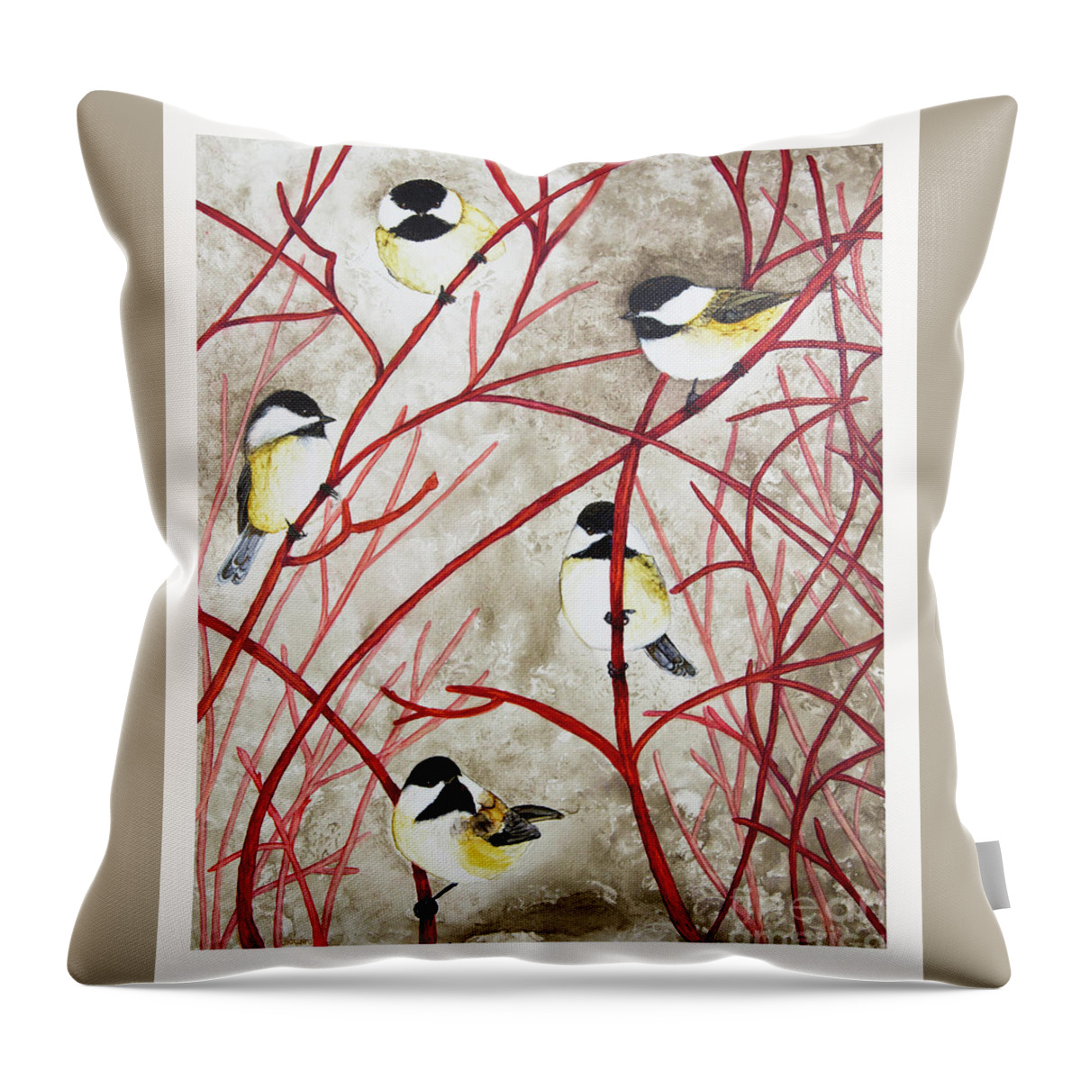 Chickadee Throw Pillow featuring the painting Happiness Times 5 by Jan Killian