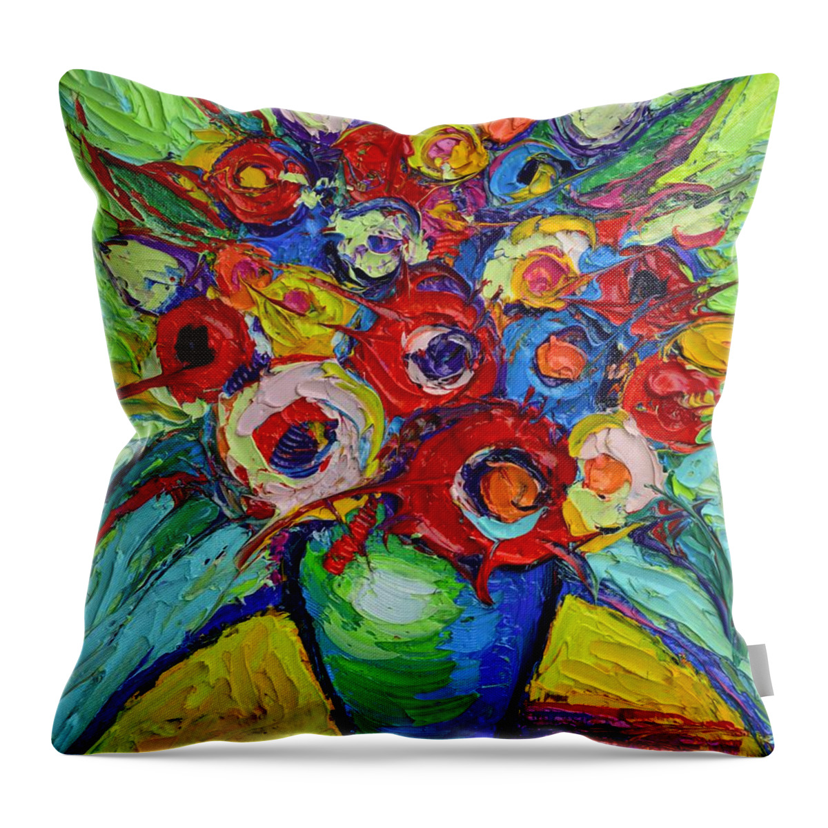 Abstract Throw Pillow featuring the painting Happy Bouquet Of Poppies And Colorful Wildflowers On Round Yellow Table Impasto Abstract Flowers by Ana Maria Edulescu