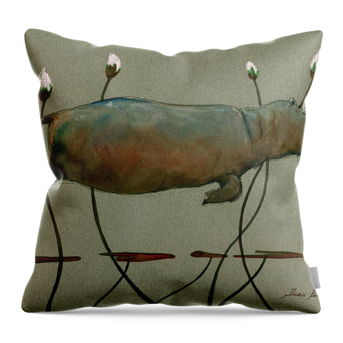 Hippo Throw Pillow featuring the painting Happy hippo swimming by Juan Bosco