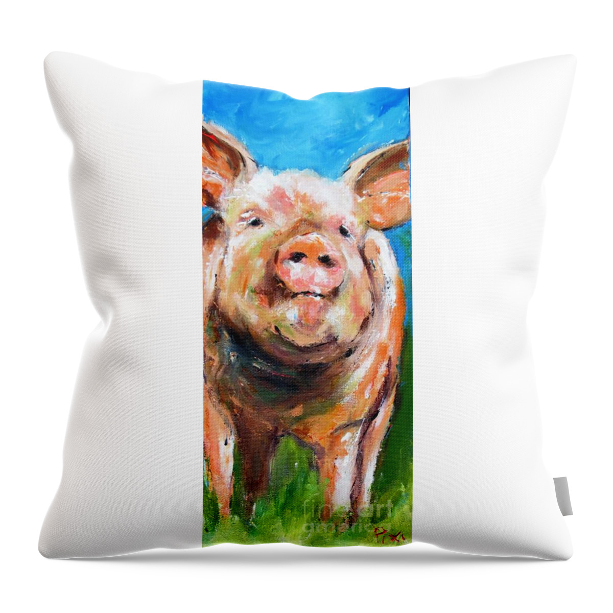 Piggy Throw Pillow featuring the painting Happy piggy paintings by Mary Cahalan Lee - aka PIXI