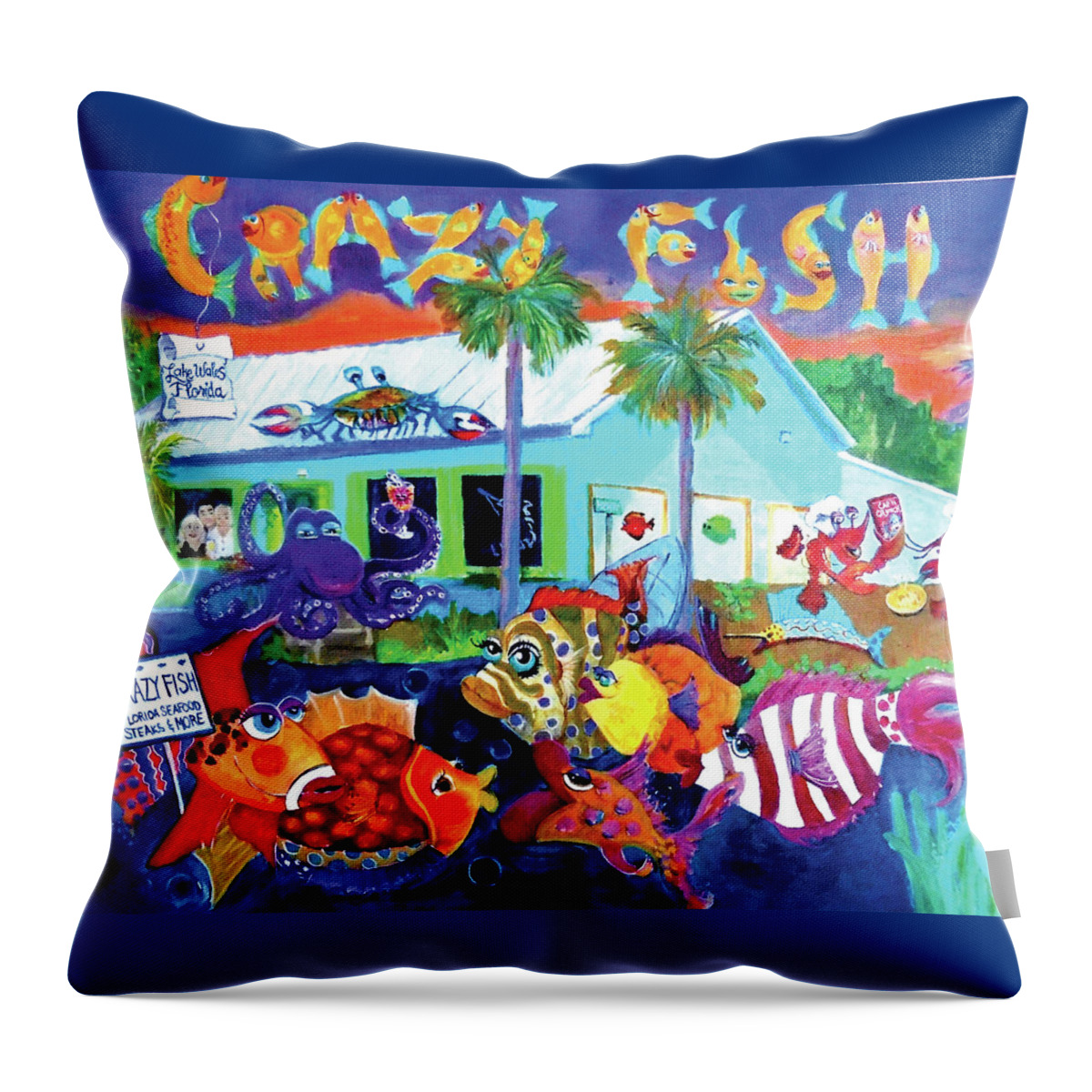 Crazy Fish Restaurant Throw Pillow featuring the painting Happy Times at the Crazy Fish by Linda Kegley
