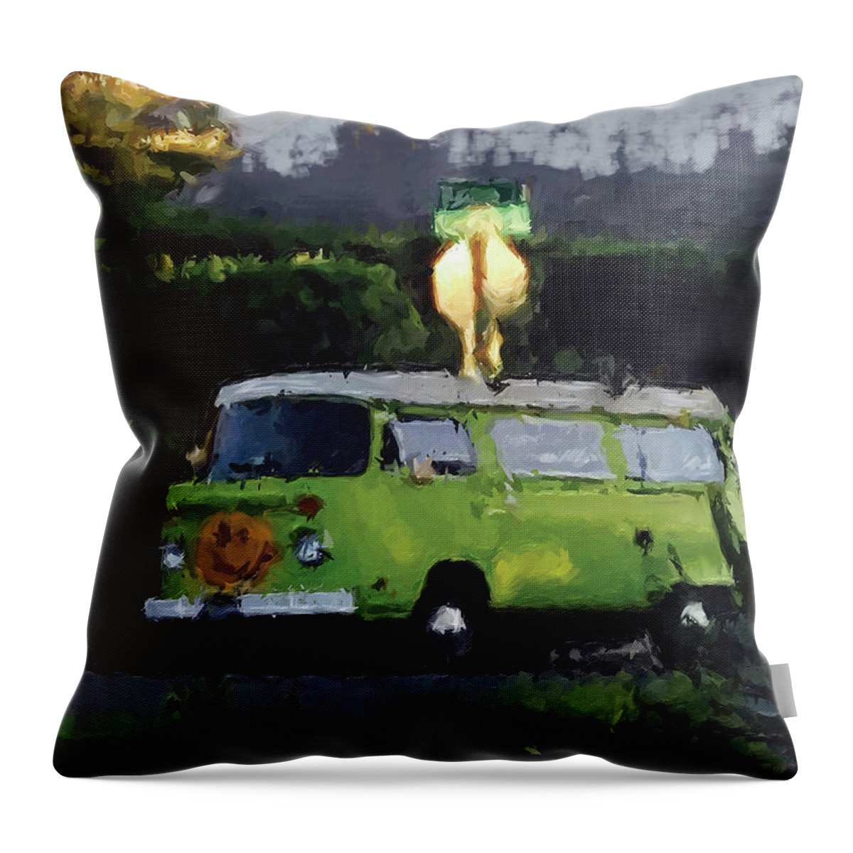 Volkswagon Van Throw Pillow featuring the mixed media Happy VW by Russell Pierce