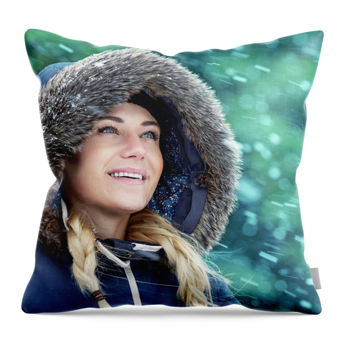 Adult Throw Pillow featuring the photograph Happy woman in winter park by Anna Om