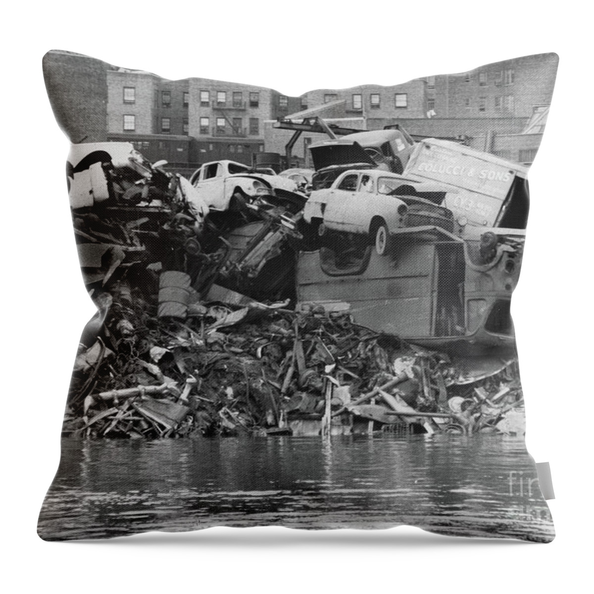 1967 Throw Pillow featuring the photograph Harlem River Junkyard, 1967 by Cole Thompson