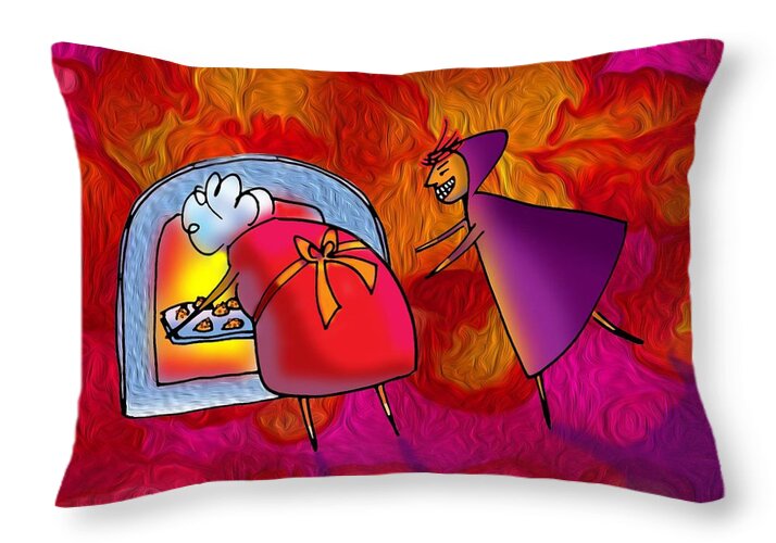 Harlyn & Griffyn Get Lost Throw Pillow featuring the painting Harlyn Pushed Wanda the Wicked Witch into the Oven by Angela Treat Lyon
