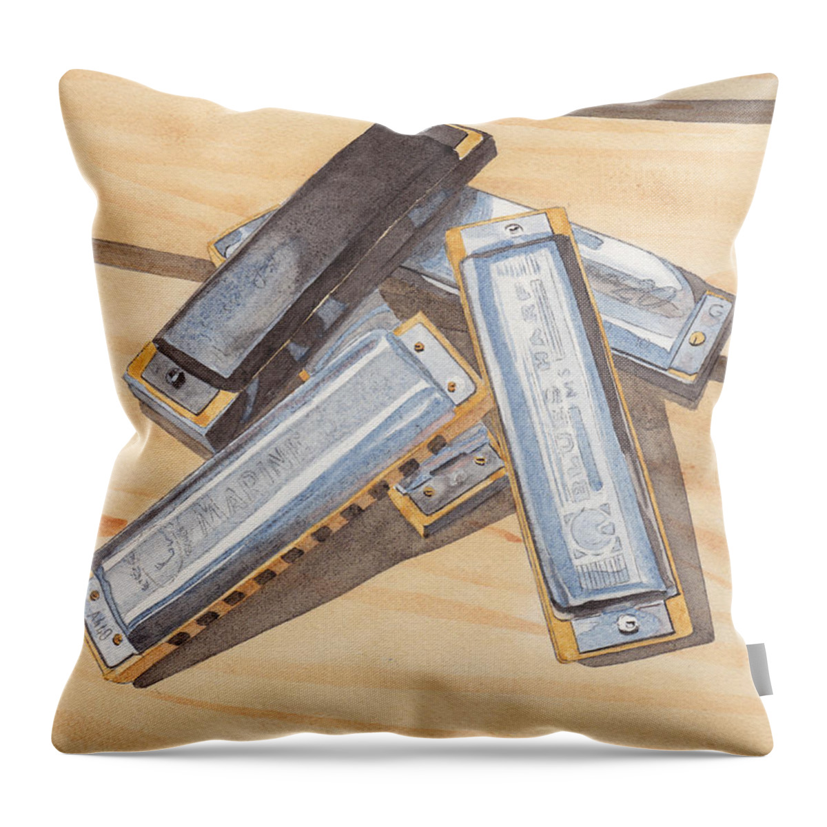 Harmonica Throw Pillow featuring the painting Harmonica Pile by Ken Powers