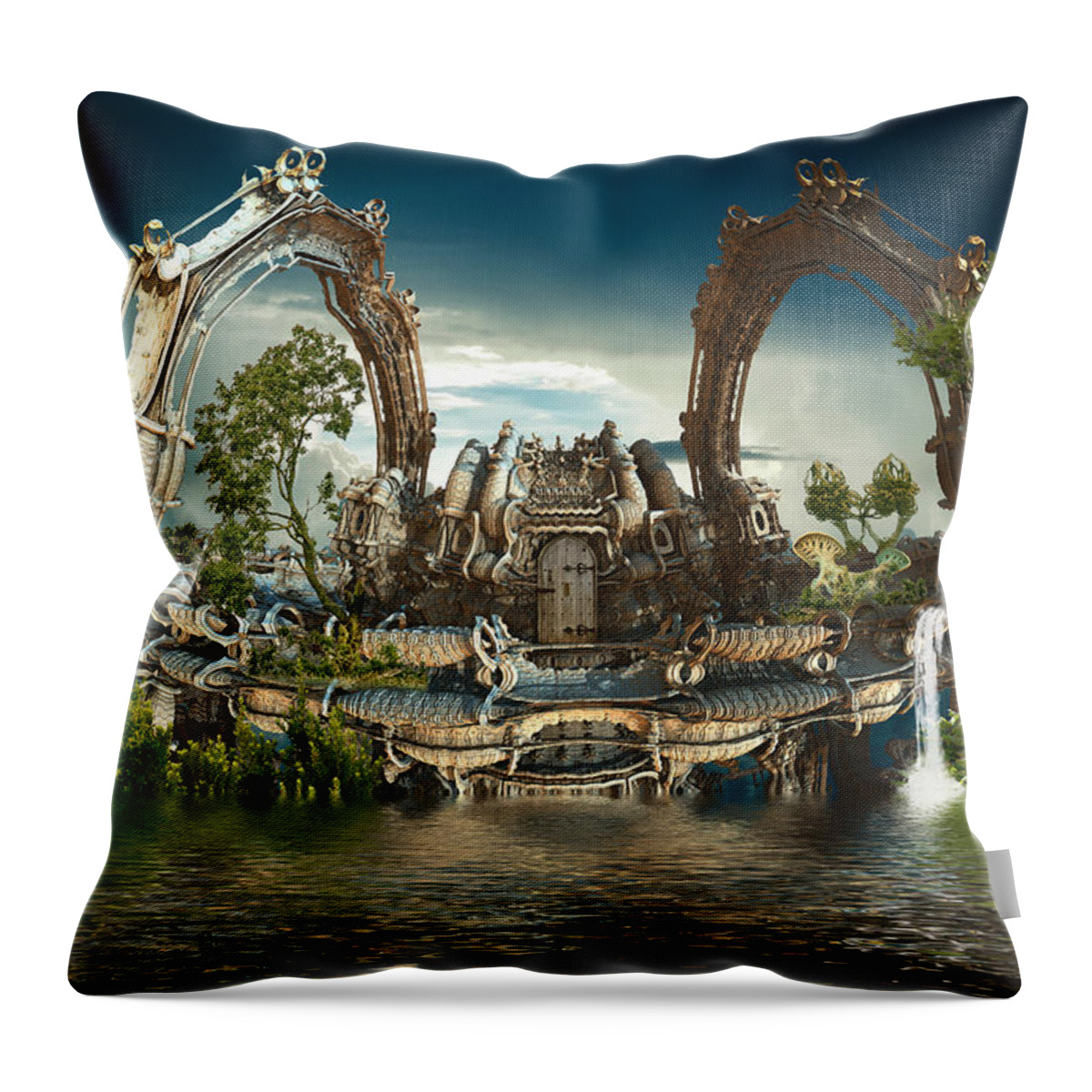 Sciencefiction Scifi Fantasy Grunge Dystopian Architecture Building Fractal Water Lake Steampunk Fractalart Mandelbulb3d Mandelbulb Throw Pillow featuring the digital art Harmony House by Hal Tenny