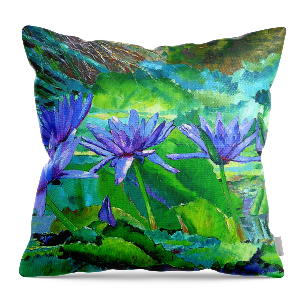 Purple Water Lilies Throw Pillow featuring the painting Harmony of Purple and Green by John Lautermilch