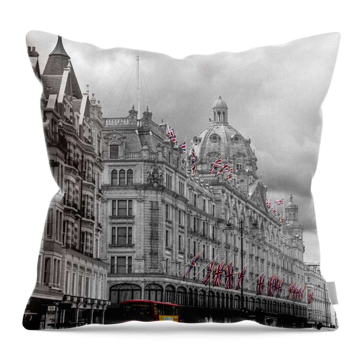 Harrods Throw Pillow featuring the photograph Harrods of Knightsbridge bw hdr by David French