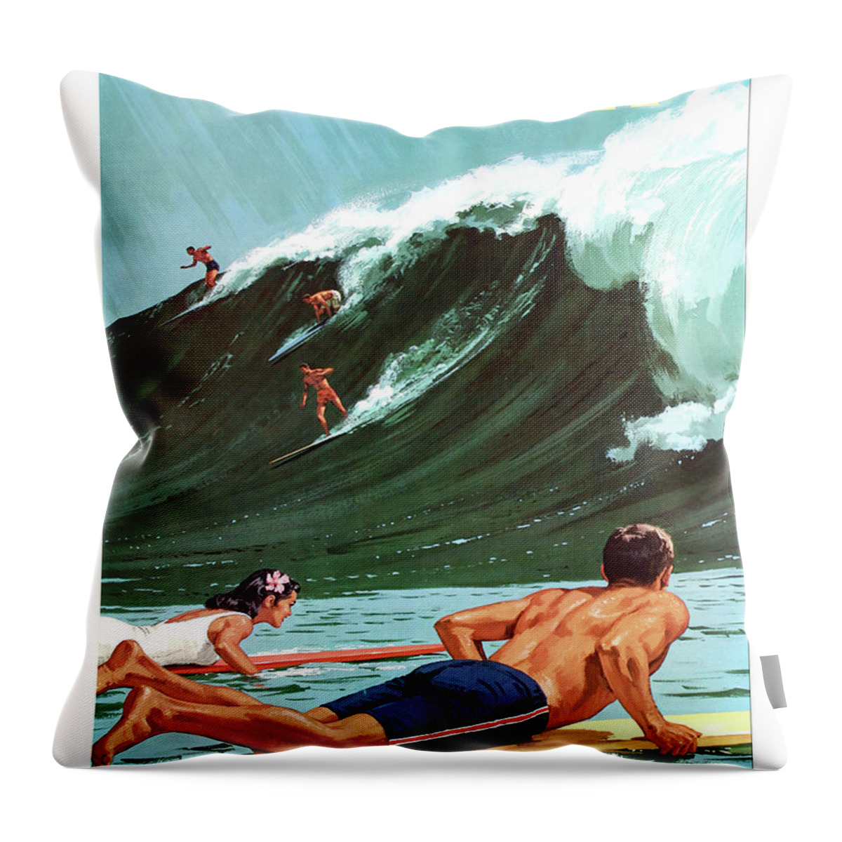 Hawaii Throw Pillow featuring the painting Hawaii, big wave, surf by Long Shot