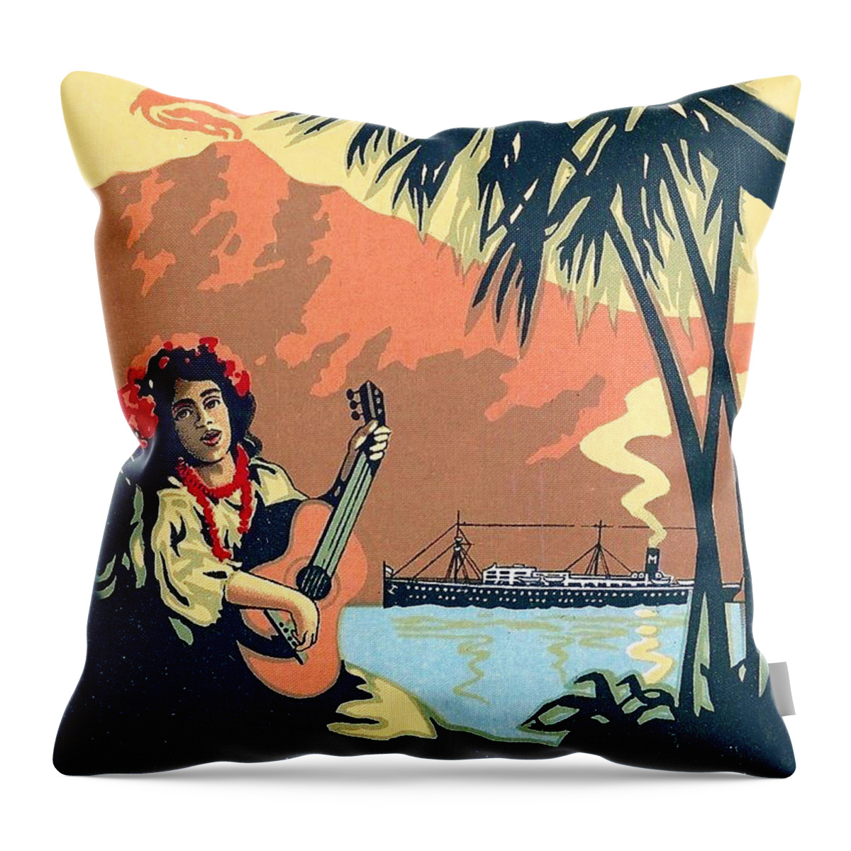 Hula Girl Throw Pillow featuring the painting Hawaii, Hula girl welcomes tourist ship with traditional music by Long Shot