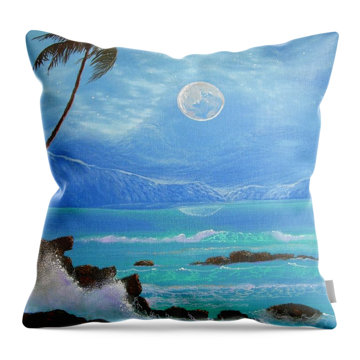 Hawaii Seascape Throw Pillow featuring the painting Hawaii Night Seascape by Leland Castro