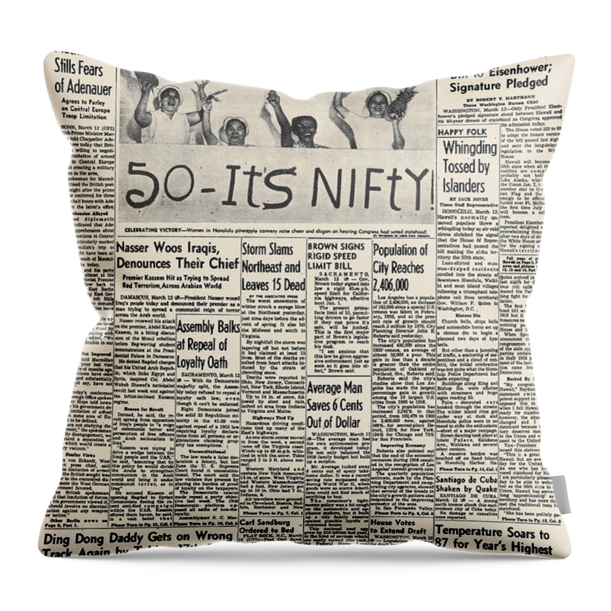 1959 Throw Pillow featuring the photograph Hawaii Statehood, 1959 by Granger