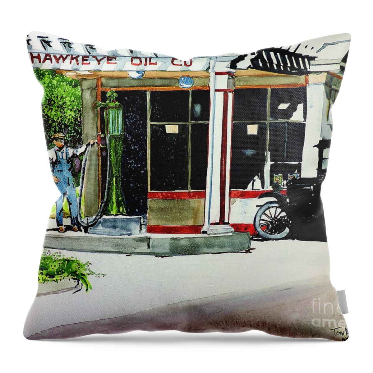 Old Time Throw Pillow featuring the painting Hawkeye Oil Co by Tom Riggs