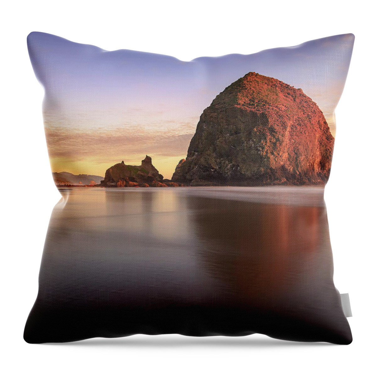 3scape Throw Pillow featuring the photograph Haystack Rock Sunset by Adam Romanowicz