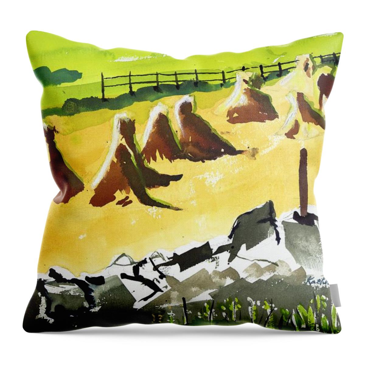  Throw Pillow featuring the painting Haystacks and Wall by Kathleen Barnes