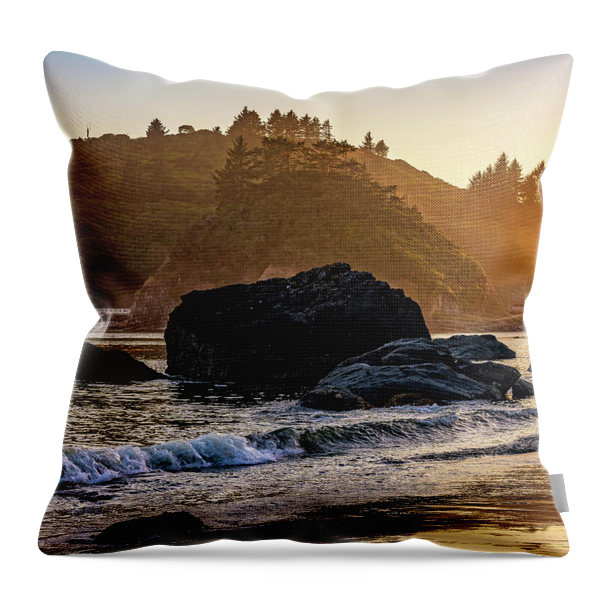 Beach Throw Pillow featuring the photograph Hazy Golden Hour at Trinidad Harbor by John Hight