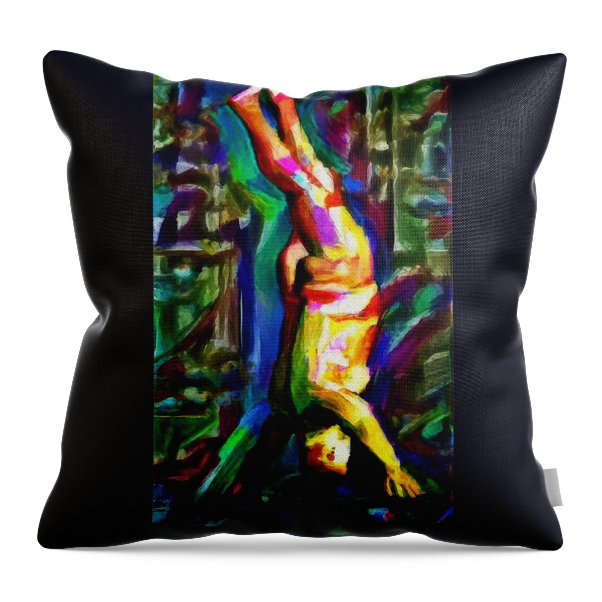 Headstand Throw Pillow featuring the painting Headstand naked unconventional figure portrait painting bright colorful gymnastics old man nude male men athletic stomach fat feet head hands rainbow by MendyZ