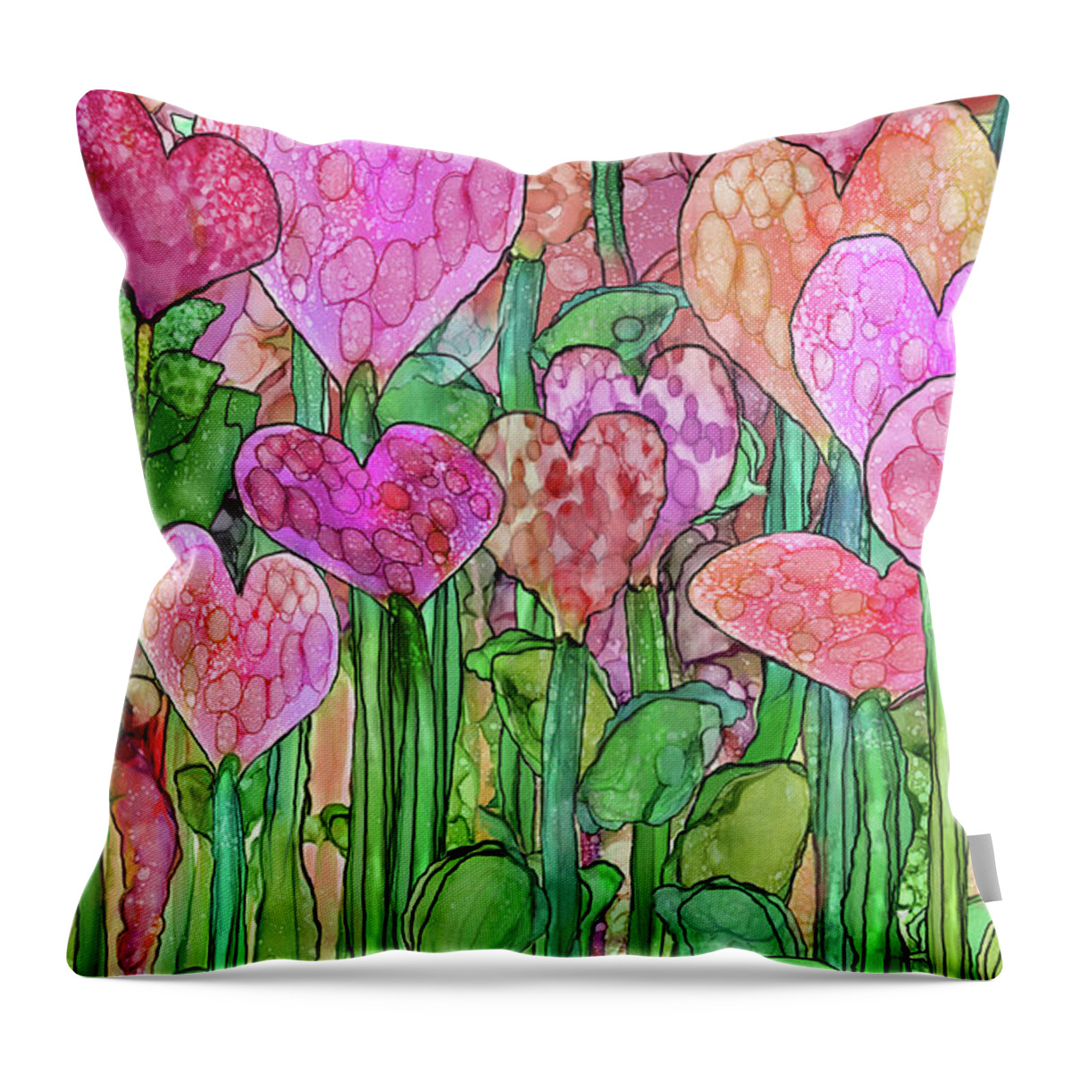 Carol Cavalaris Throw Pillow featuring the mixed media Heart Bloomies 3 - Pink and Red by Carol Cavalaris