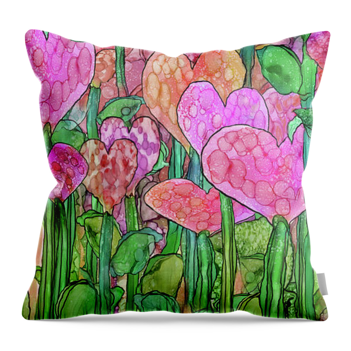 Carol Cavalaris Throw Pillow featuring the mixed media Heart Bloomies 4 - Pink and Red by Carol Cavalaris