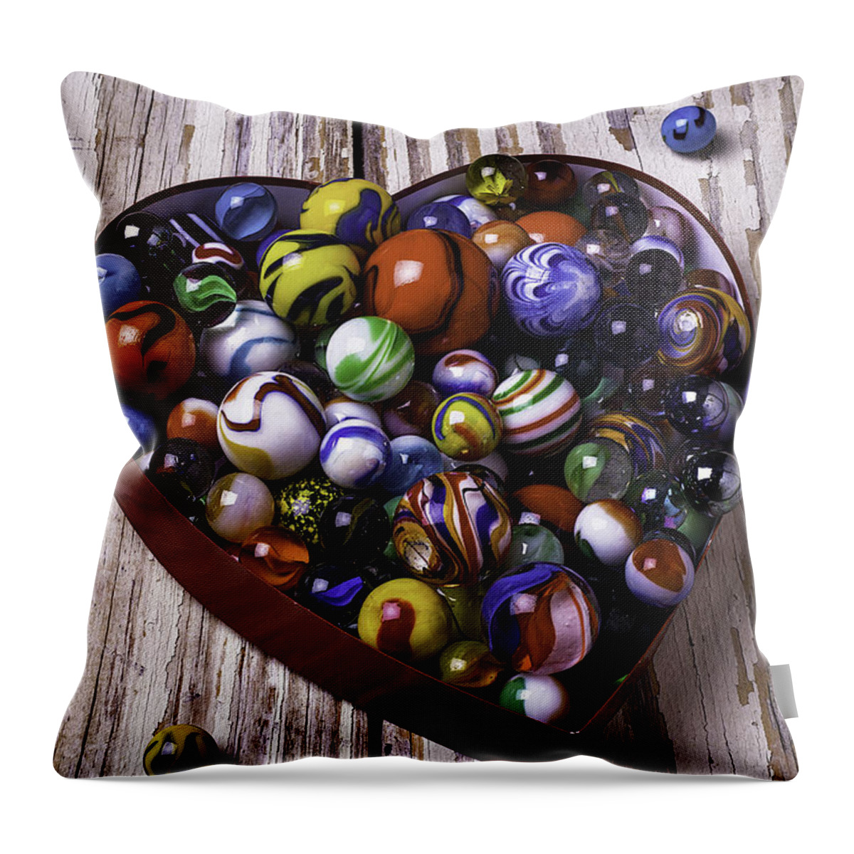 Marbles Throw Pillow featuring the photograph Heart Box With Marbles by Garry Gay