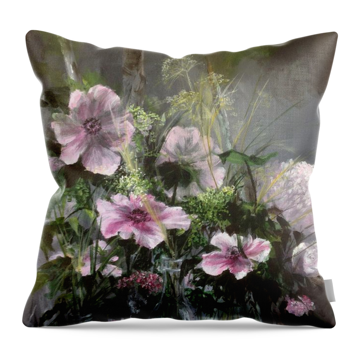 Pink Flowers Throw Pillow featuring the painting Heart knows best, in Pale pink by Lizzy Forrester
