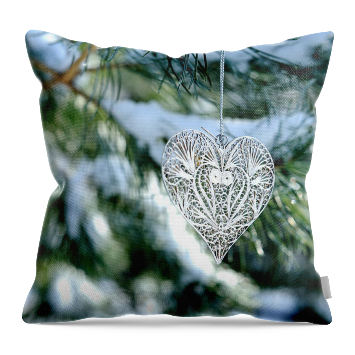 Christmas Card Throw Pillow featuring the photograph Heart Ornament on Snowy Pine Tree by Marianne Campolongo