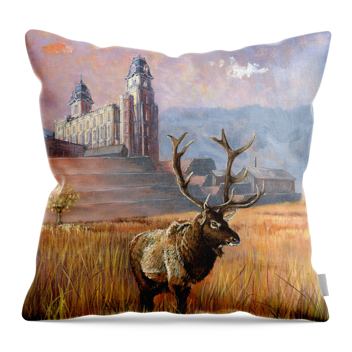 Elk Throw Pillow featuring the painting Heaven and Earth by Jeff Brimley
