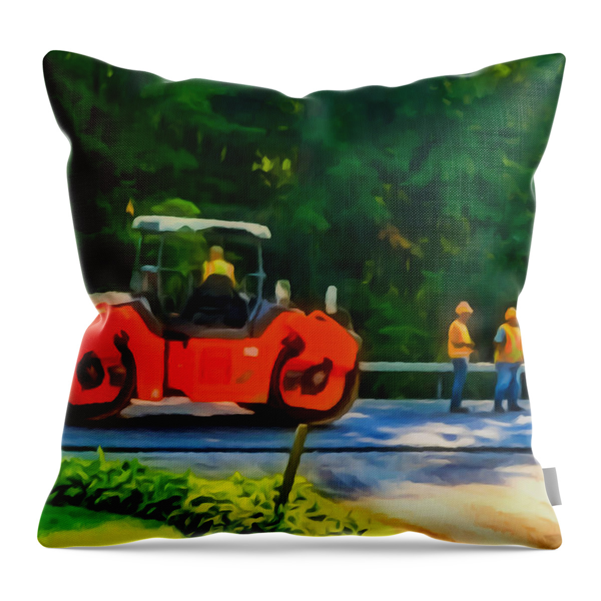Activity Throw Pillow featuring the painting Heavy Tandem Vibration Roller Compactor At Asphalt Pavement Works For Road Repairing 2 by Jeelan Clark