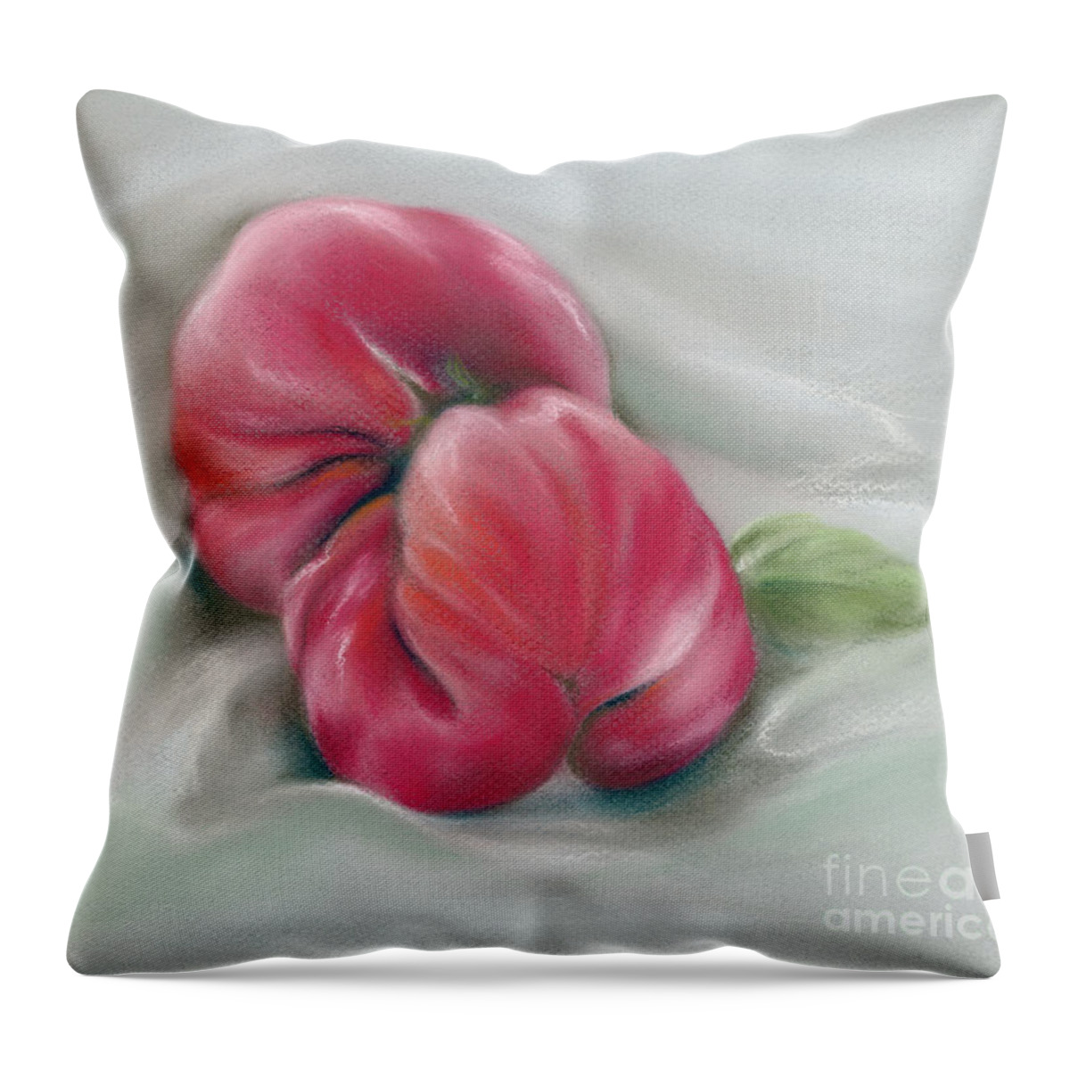 Tomato Throw Pillow featuring the painting Heirloom Tomato with Basil Leaf by MM Anderson