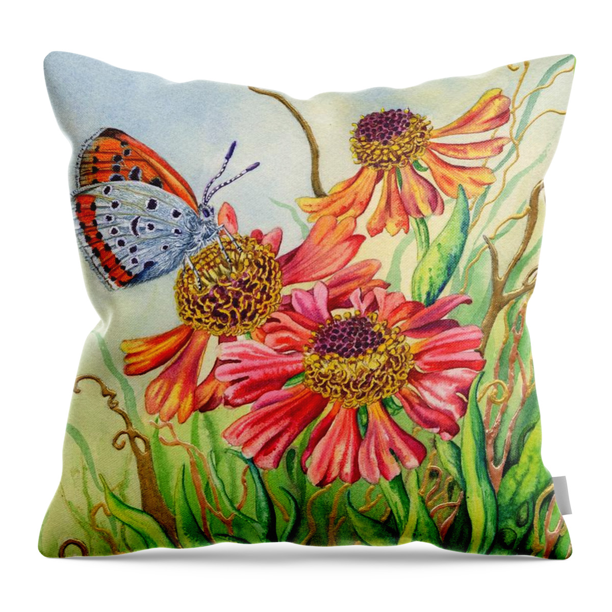 Butterfly Throw Pillow featuring the painting Helenium and Large Copper Butterfly by Lynne Henderson