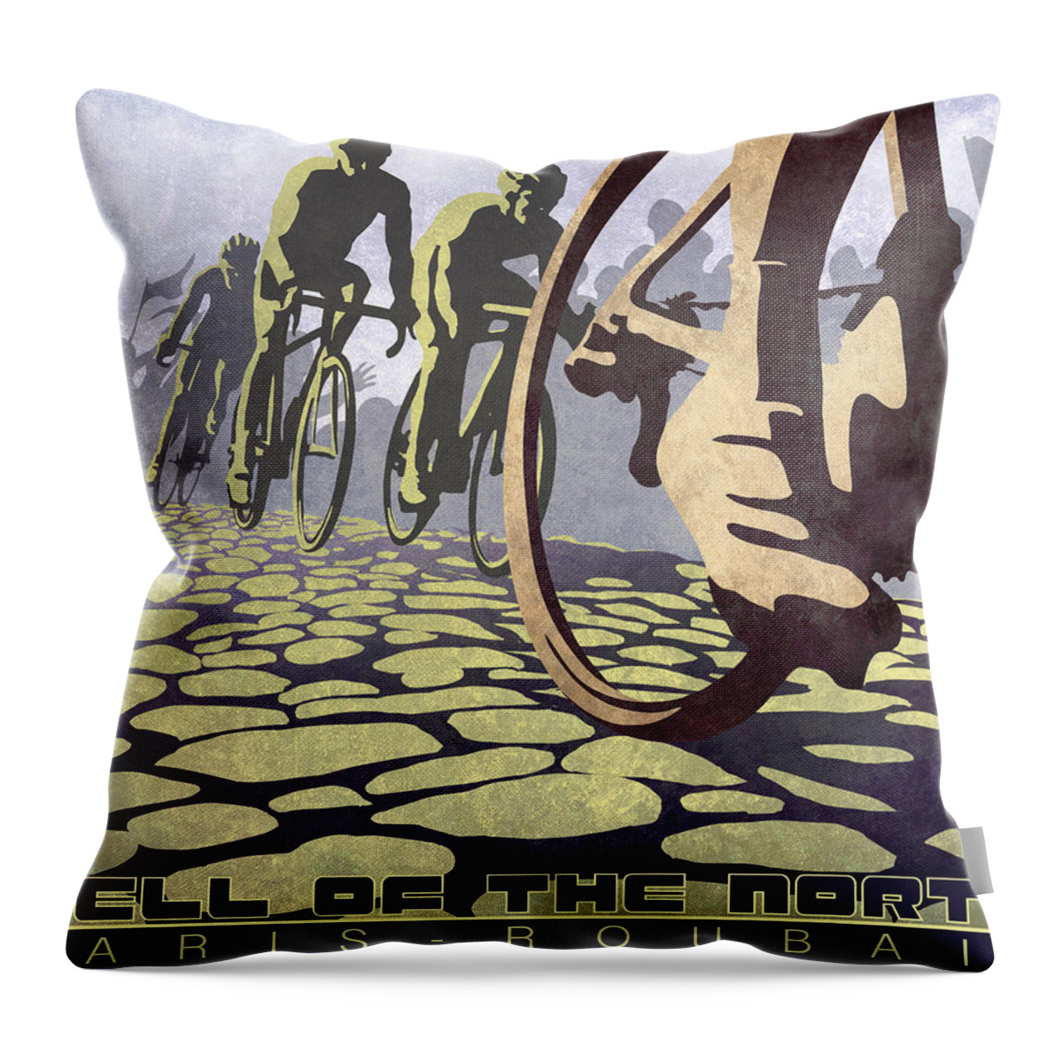 Hell Of The North Retro Cycling Illustration Poster Throw Pillow featuring the painting HELL OF THE NORTH retro cycling illustration poster by Sassan Filsoof