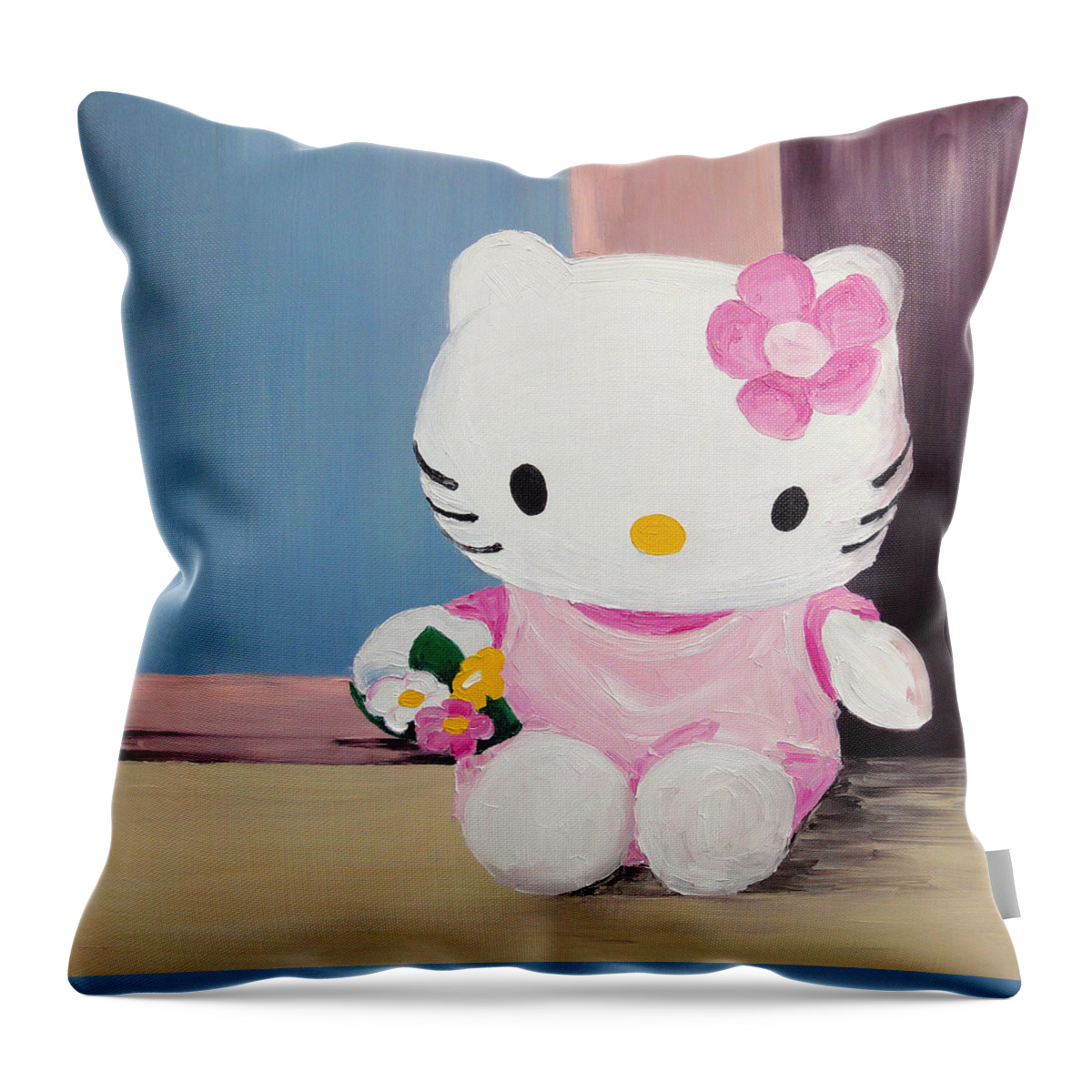 Hello Kitty Throw Pillow featuring the painting Hello Kitty At The Window by Barbara Pommerenke